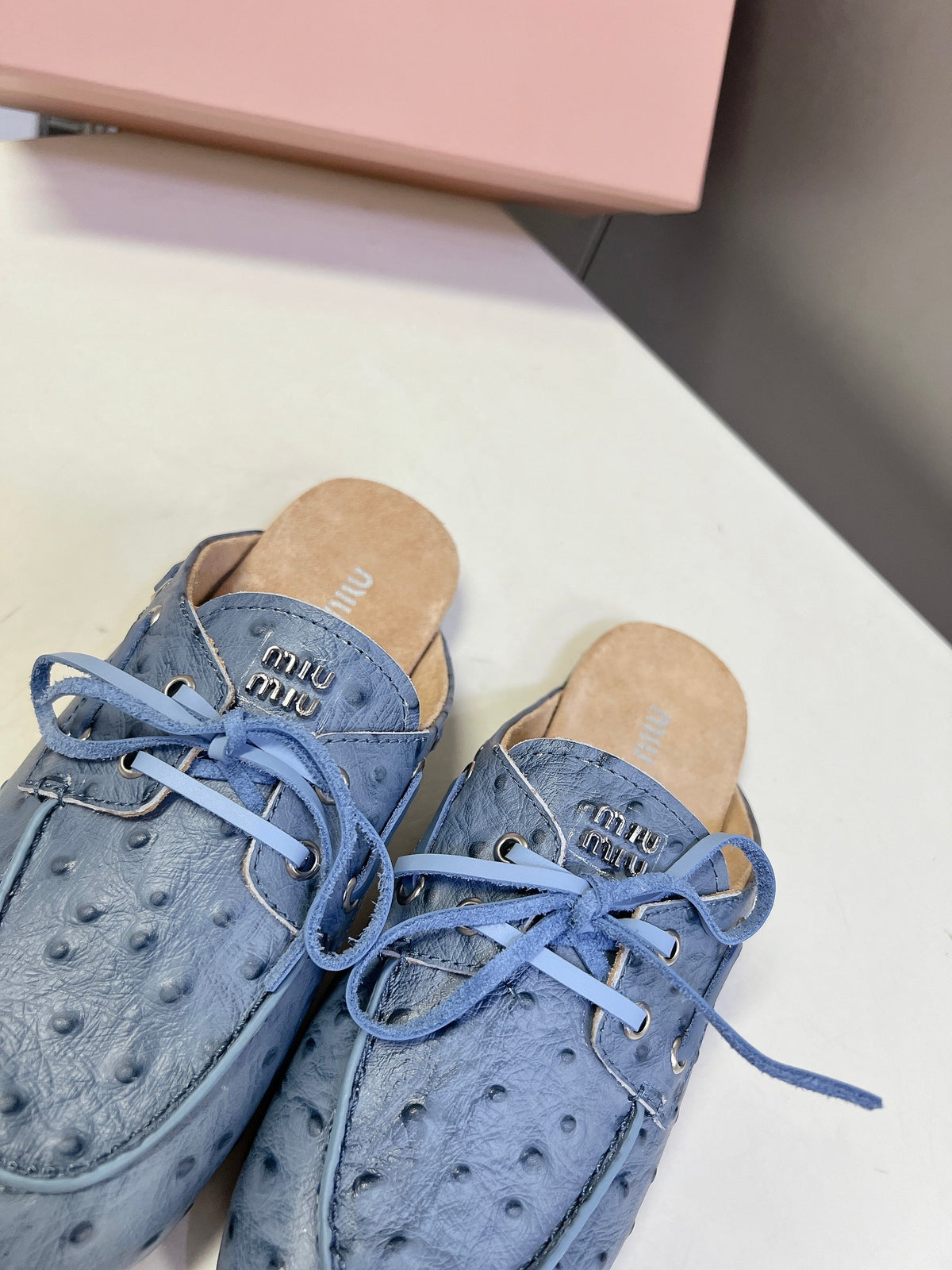 Miu 26s Loafer Mules Blue Ostrich Leather 794784