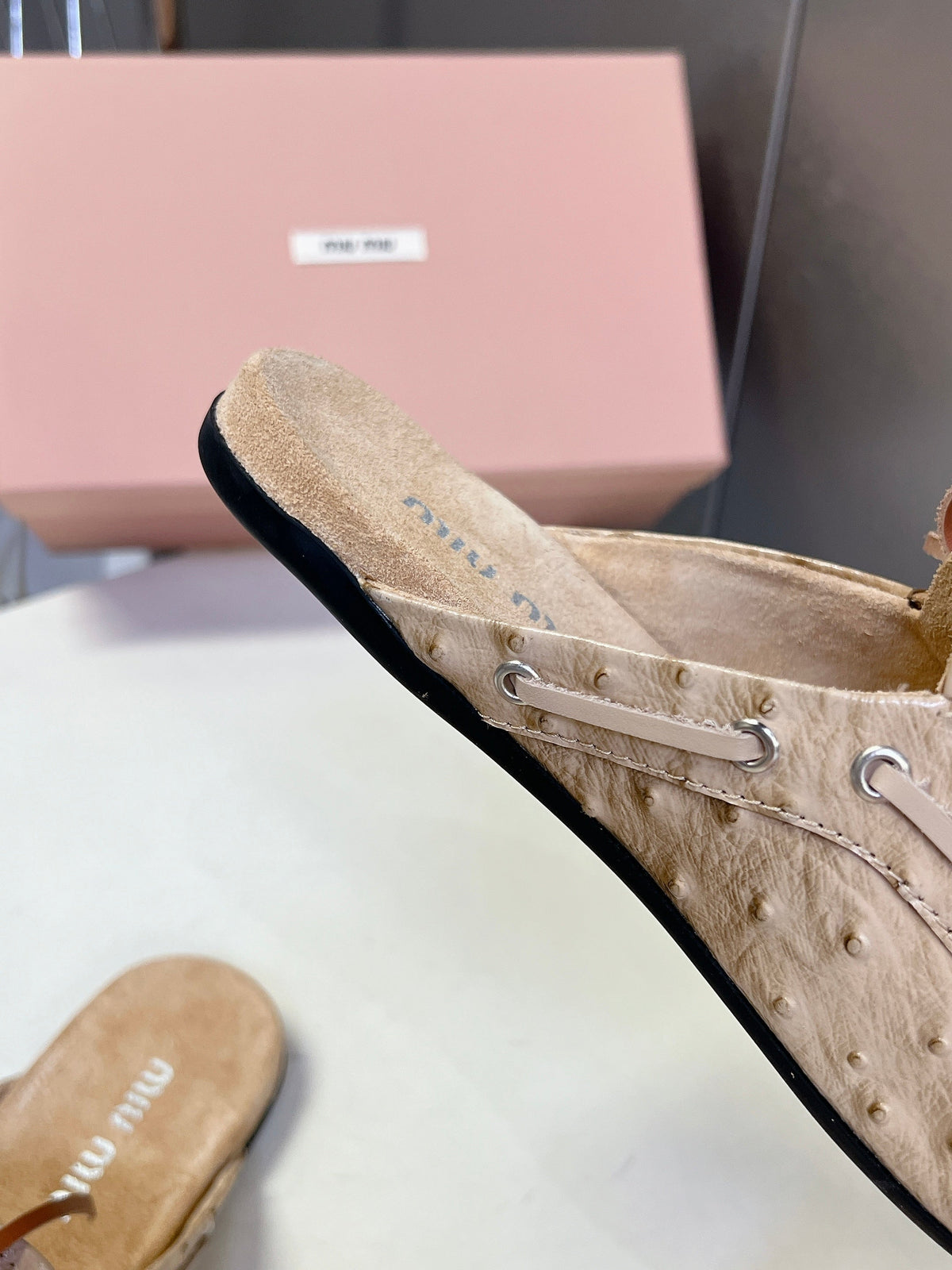 Miu 26s Loafer Mules Beige Ostrich Leather 794785