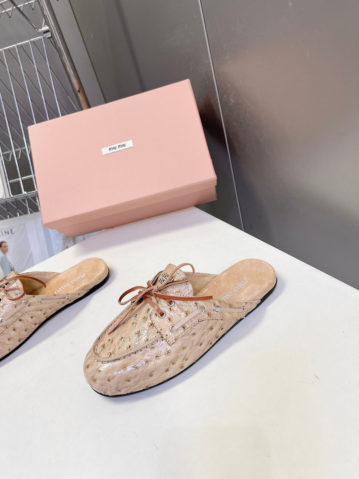 Miu 26s Loafer Mules Beige Ostrich Leather 794785
