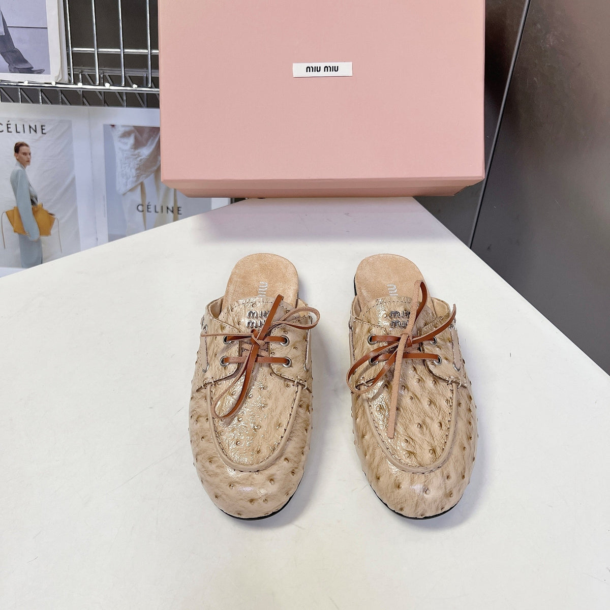 Miu 26s Loafer Mules Beige Ostrich Leather 794785