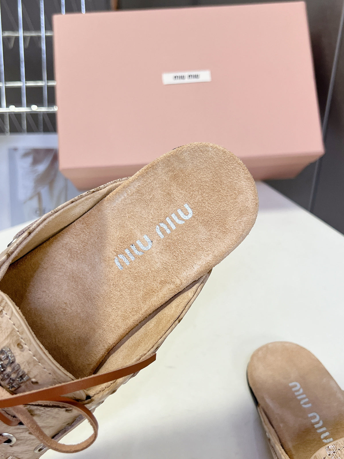 Miu 26s Loafer Mules Beige Ostrich Leather 794785