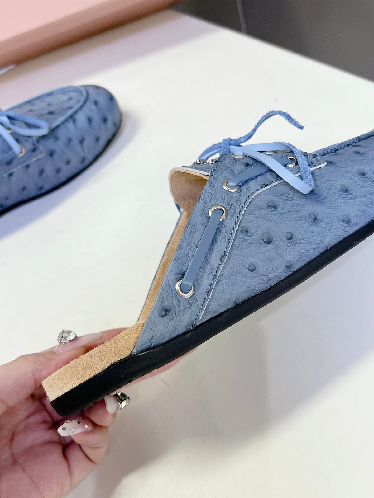 Miu 26s Loafer Mules Blue Ostrich Leather 794784