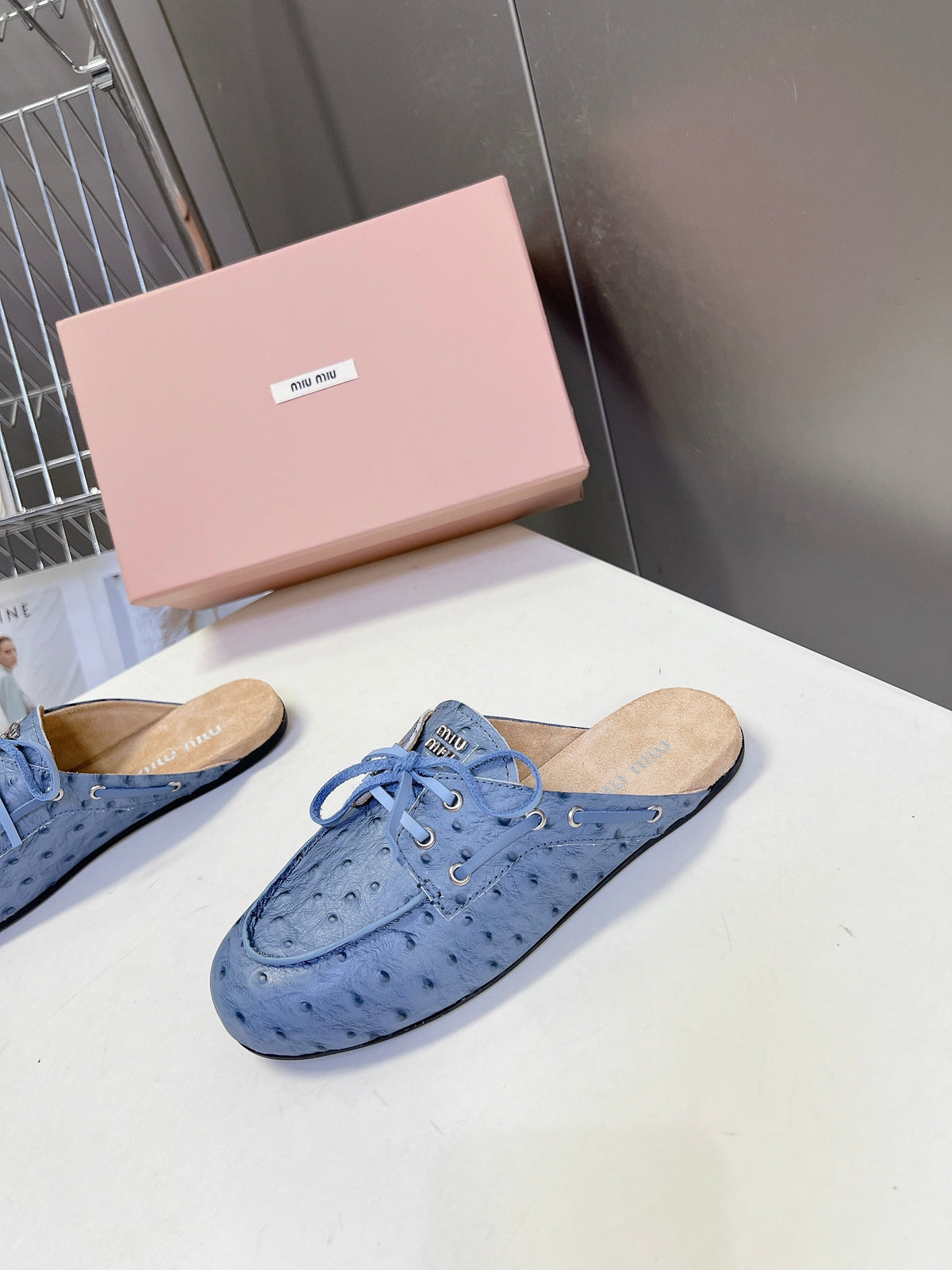 Miu 26s Loafer Mules Blue Ostrich Leather 794784