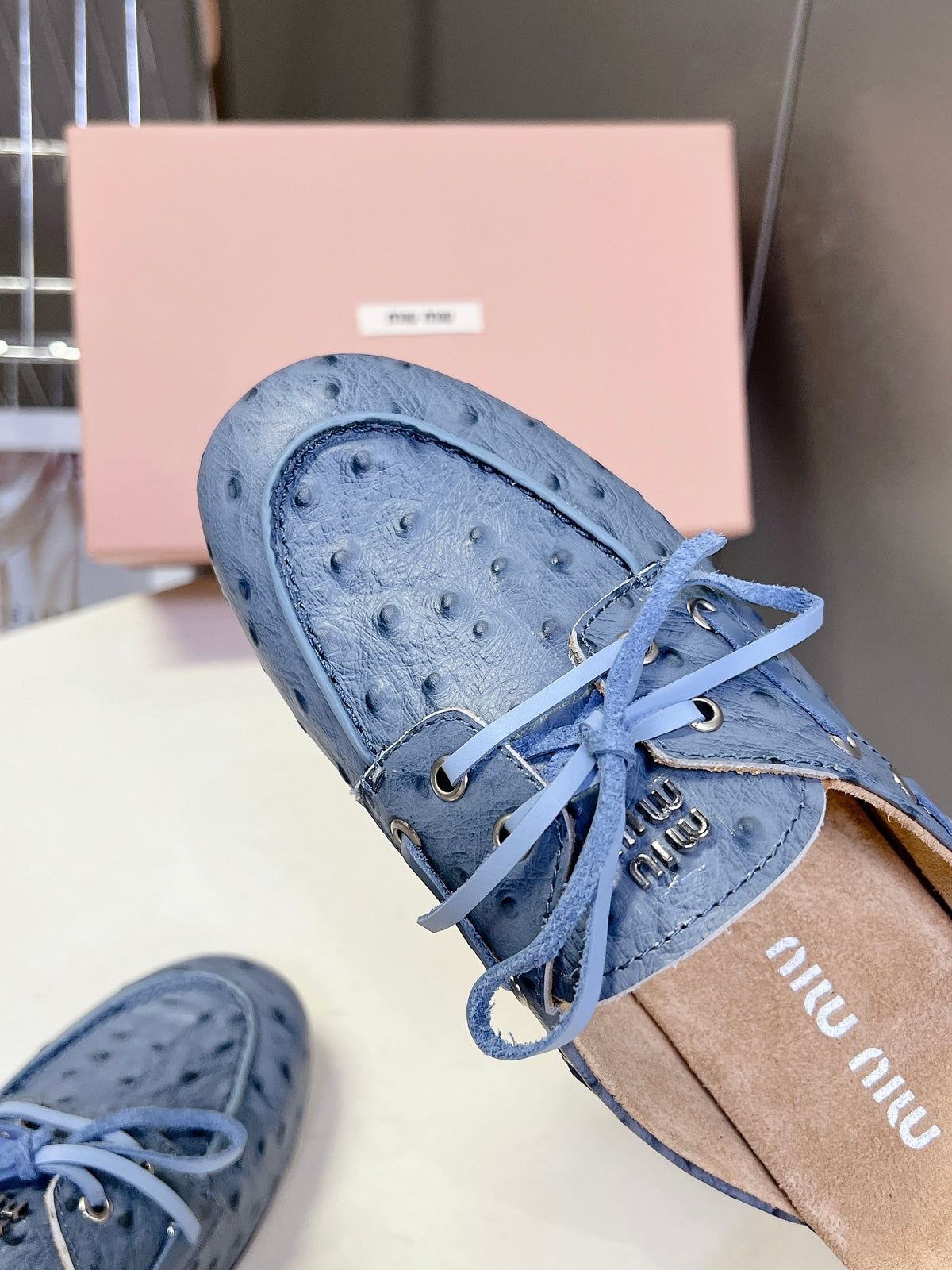 Miu 26s Loafer Mules Blue Ostrich Leather 794784
