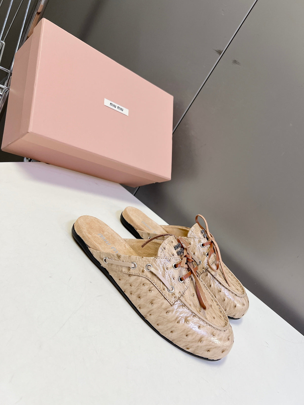 Miu 26s Loafer Mules Beige Ostrich Leather 794785