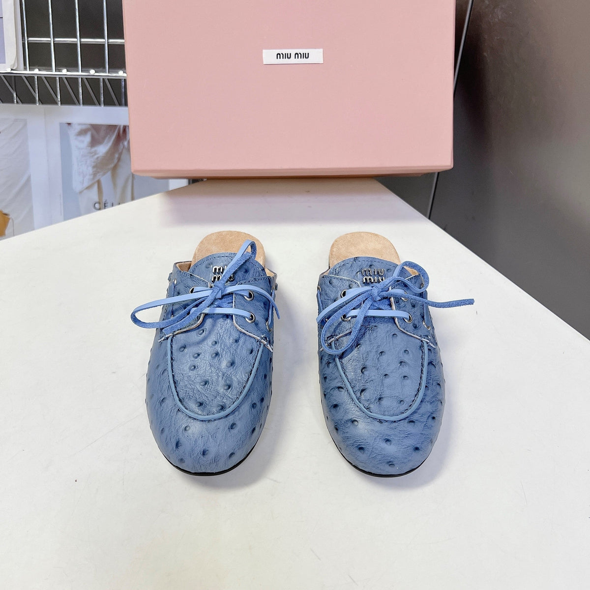 Miu 26s Loafer Mules Blue Ostrich Leather 794784