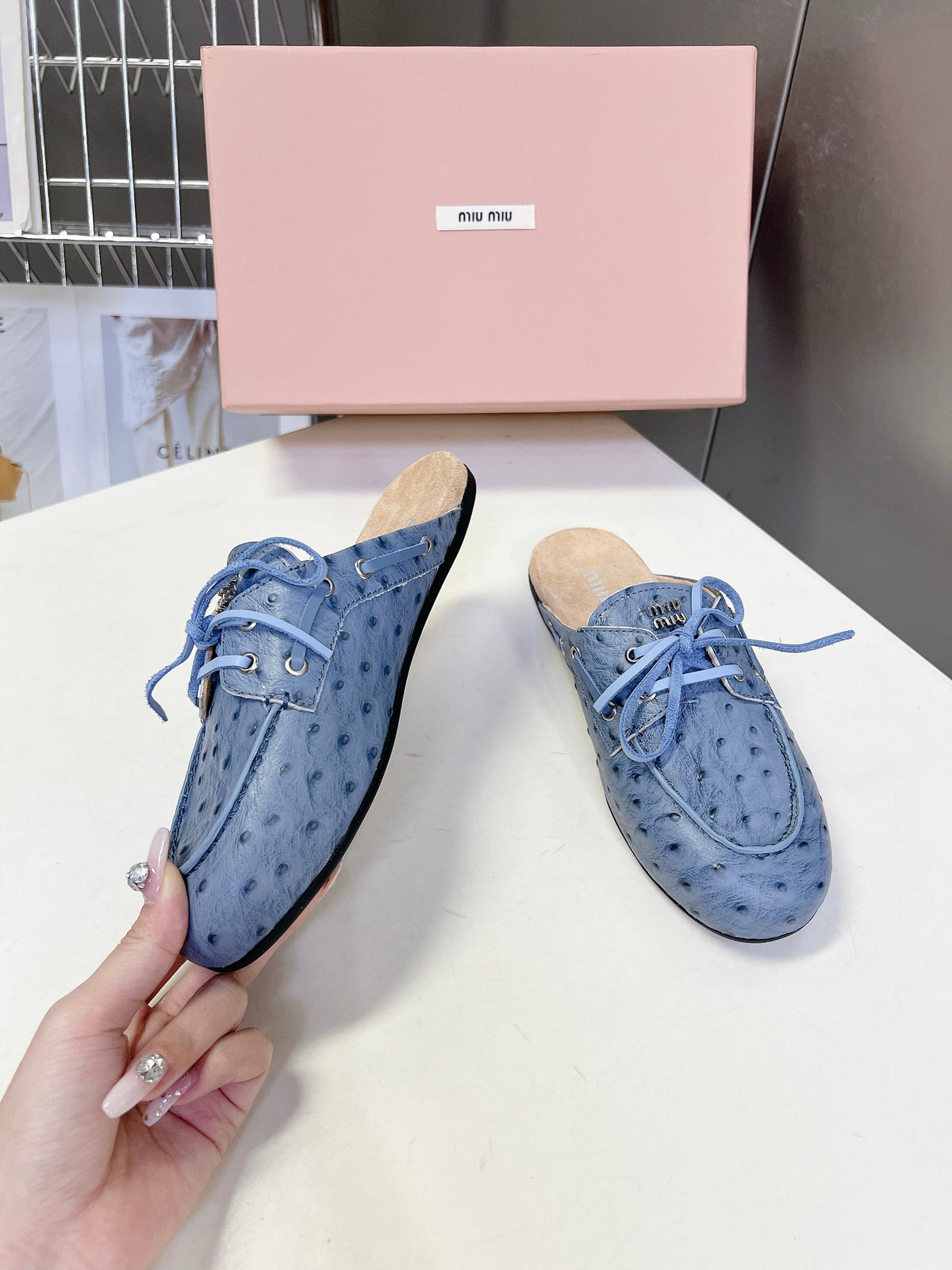 Miu 26s Loafer Mules Blue Ostrich Leather 794784