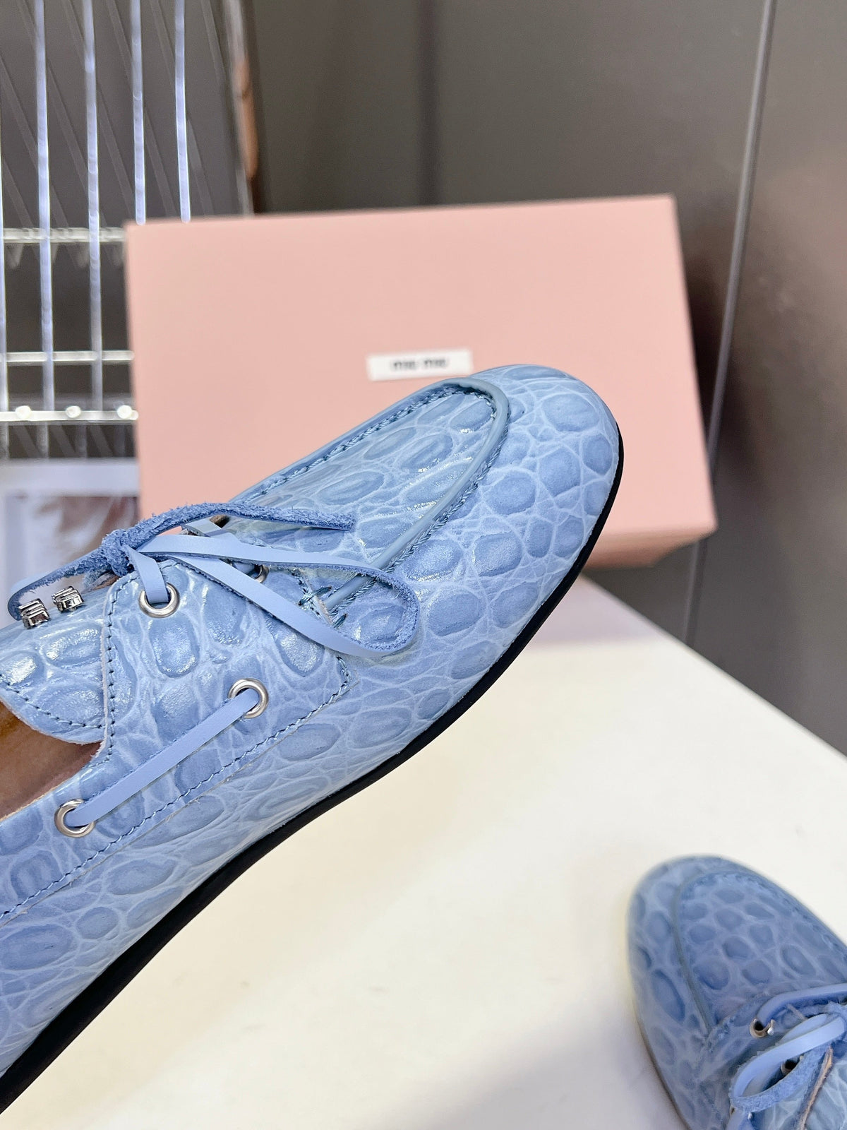 Miu 26s Loafer Light Blue Croc Embossed Leather 794788