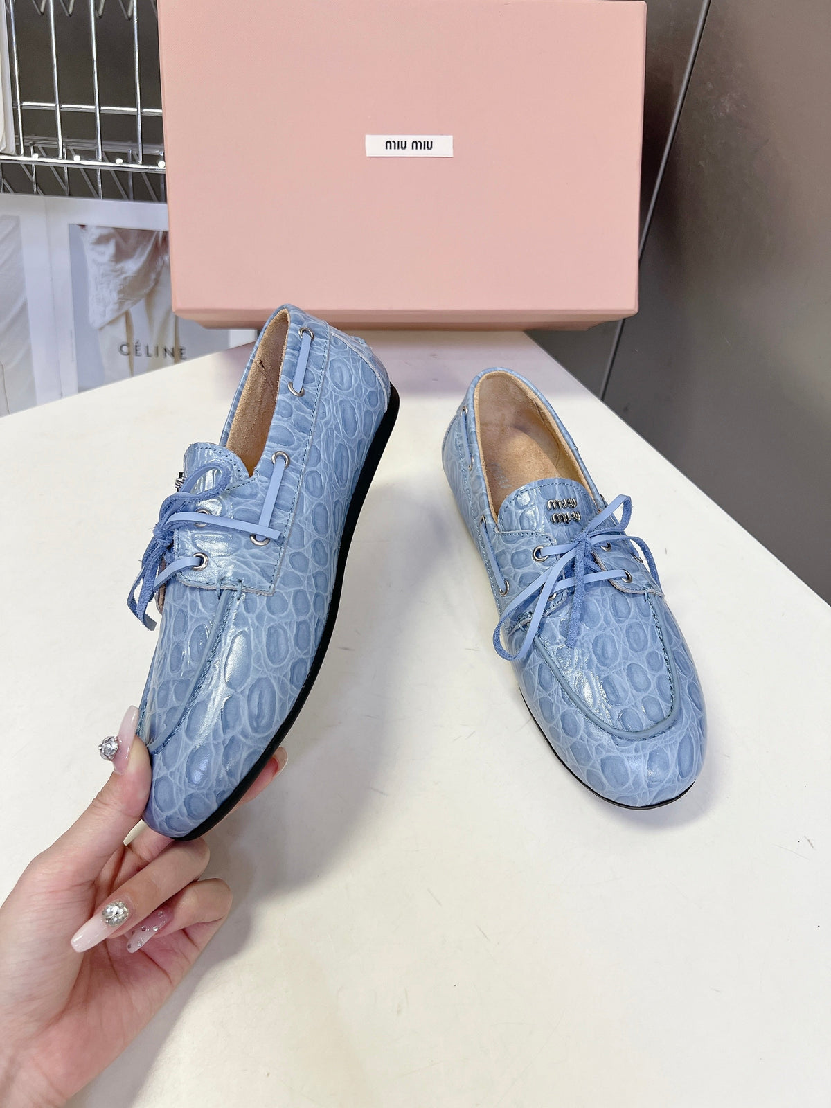 Miu 26s Loafer Light Blue Croc Embossed Leather 794788