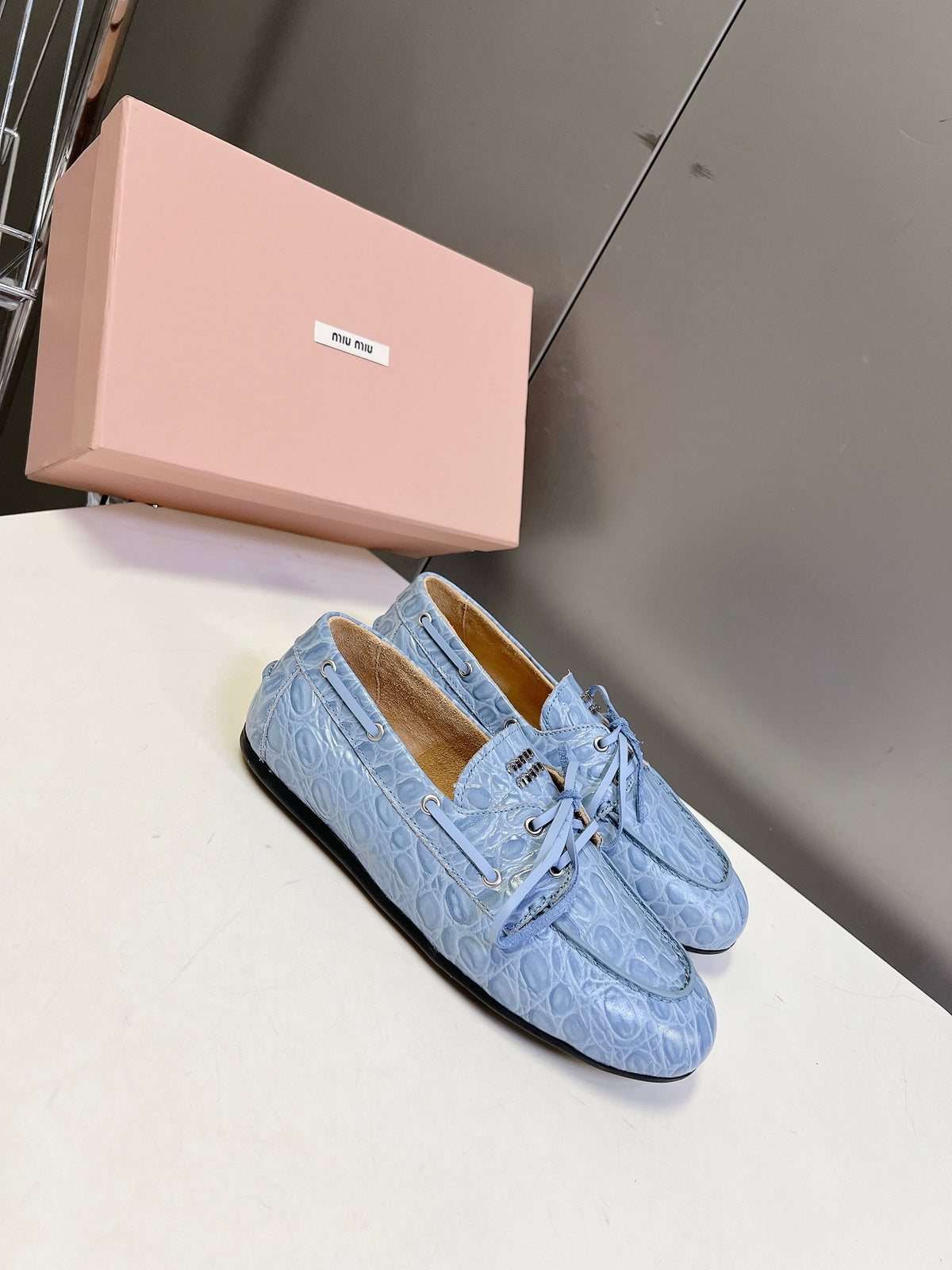 Miu 26s Loafer Light Blue Croc Embossed Leather 794788