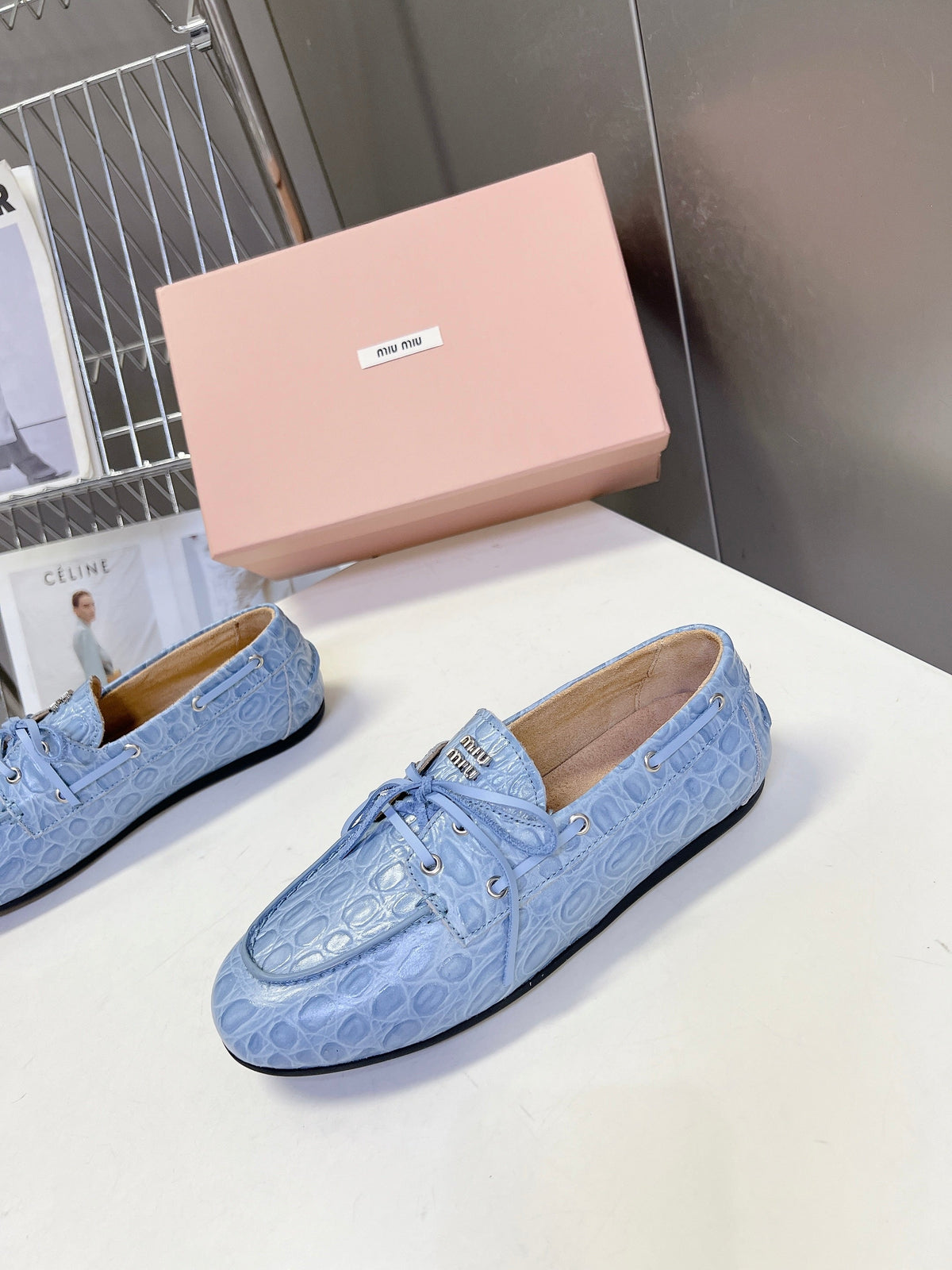 Miu 26s Loafer Light Blue Croc Embossed Leather 794788