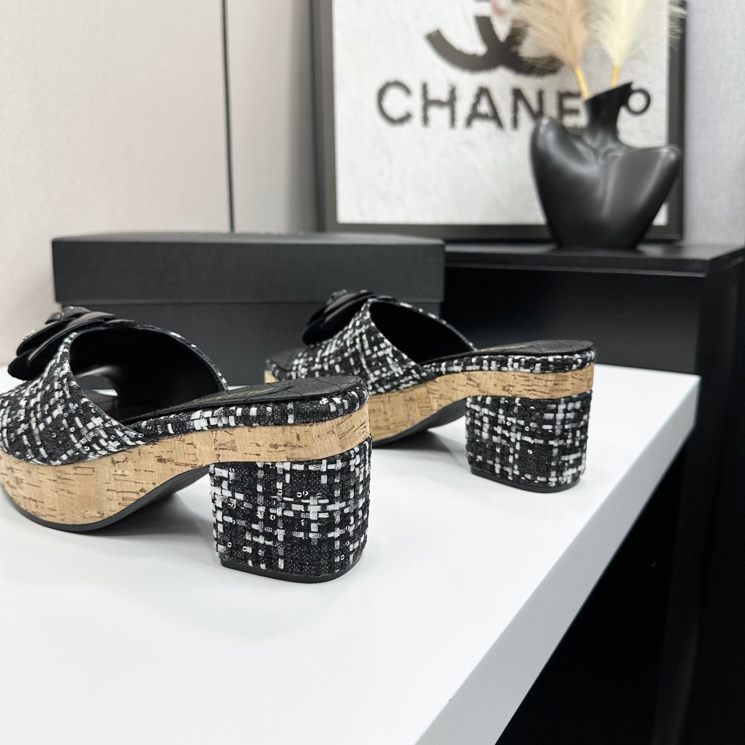 CC 26s Camellia Platform Slippers 65 Black Tweed Lambskin 668179