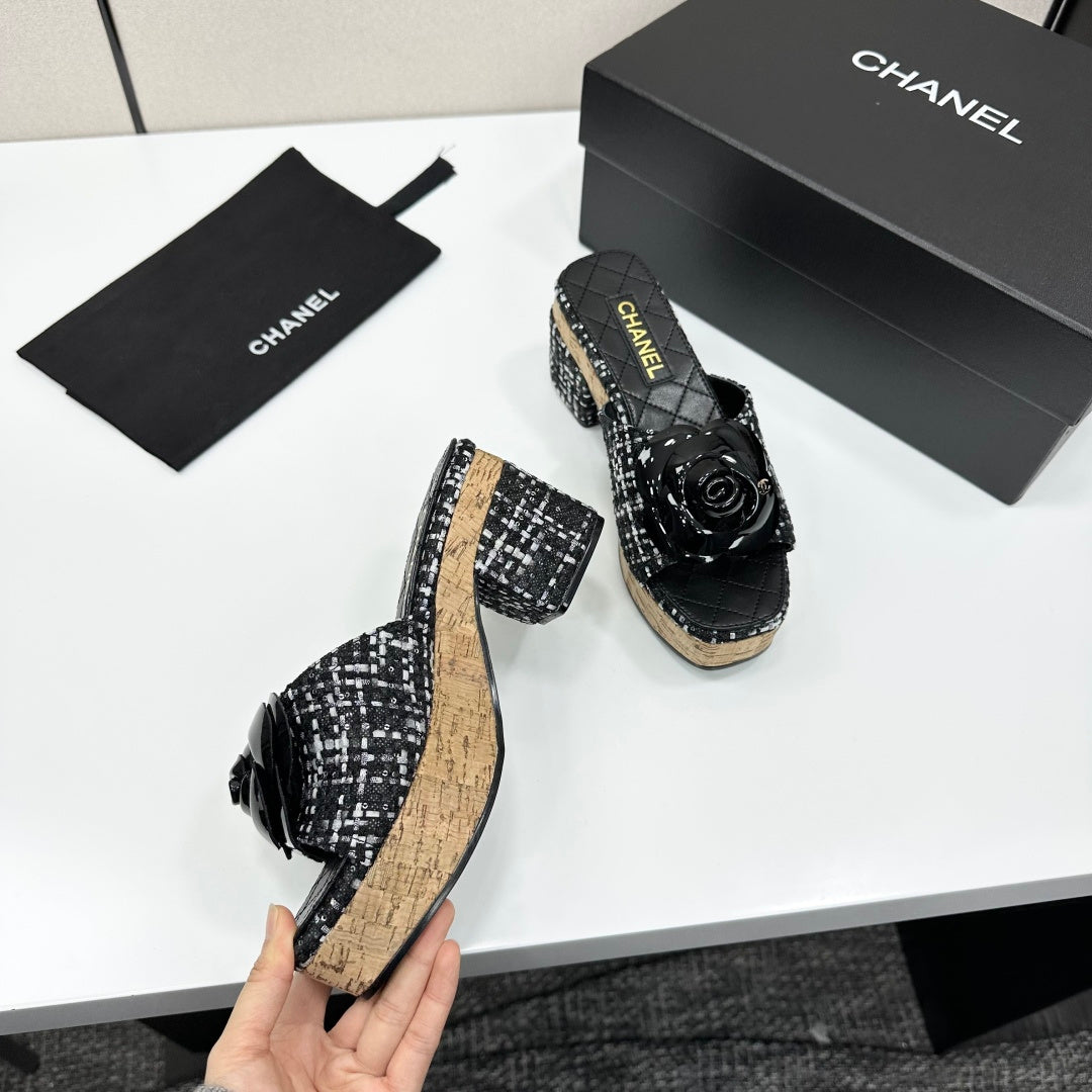 CC 26s Camellia Platform Slippers 65 Black Tweed Lambskin 668179