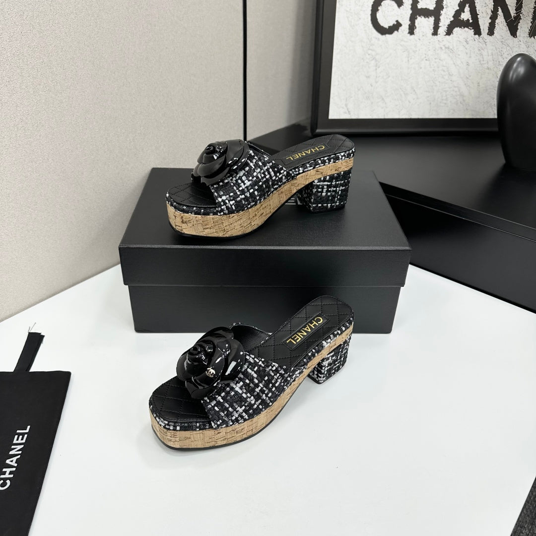 CC 26s Camellia Platform Slippers 65 Black Tweed Lambskin 668179