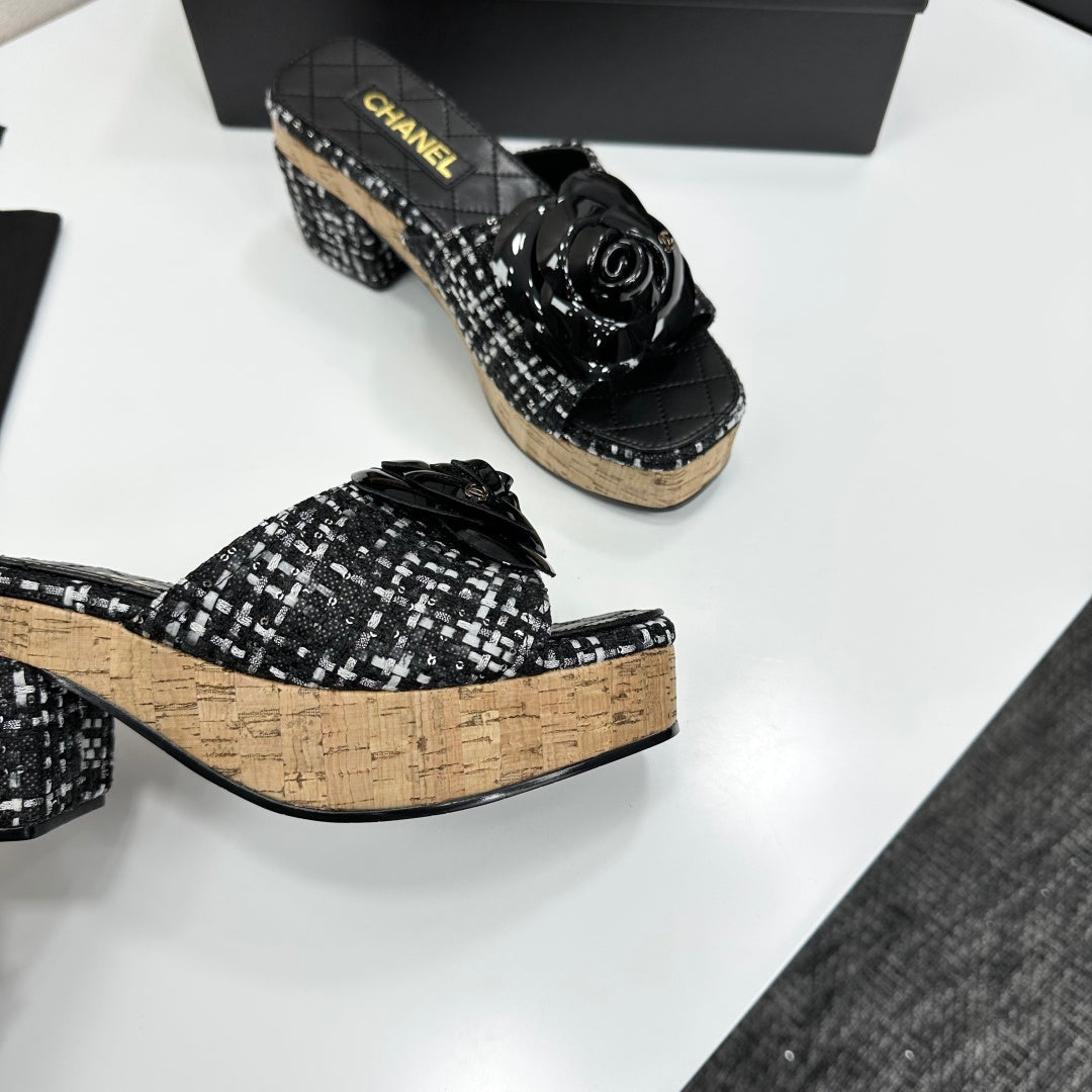 CC 26s Camellia Platform Slippers 65 Black Tweed Lambskin 668179