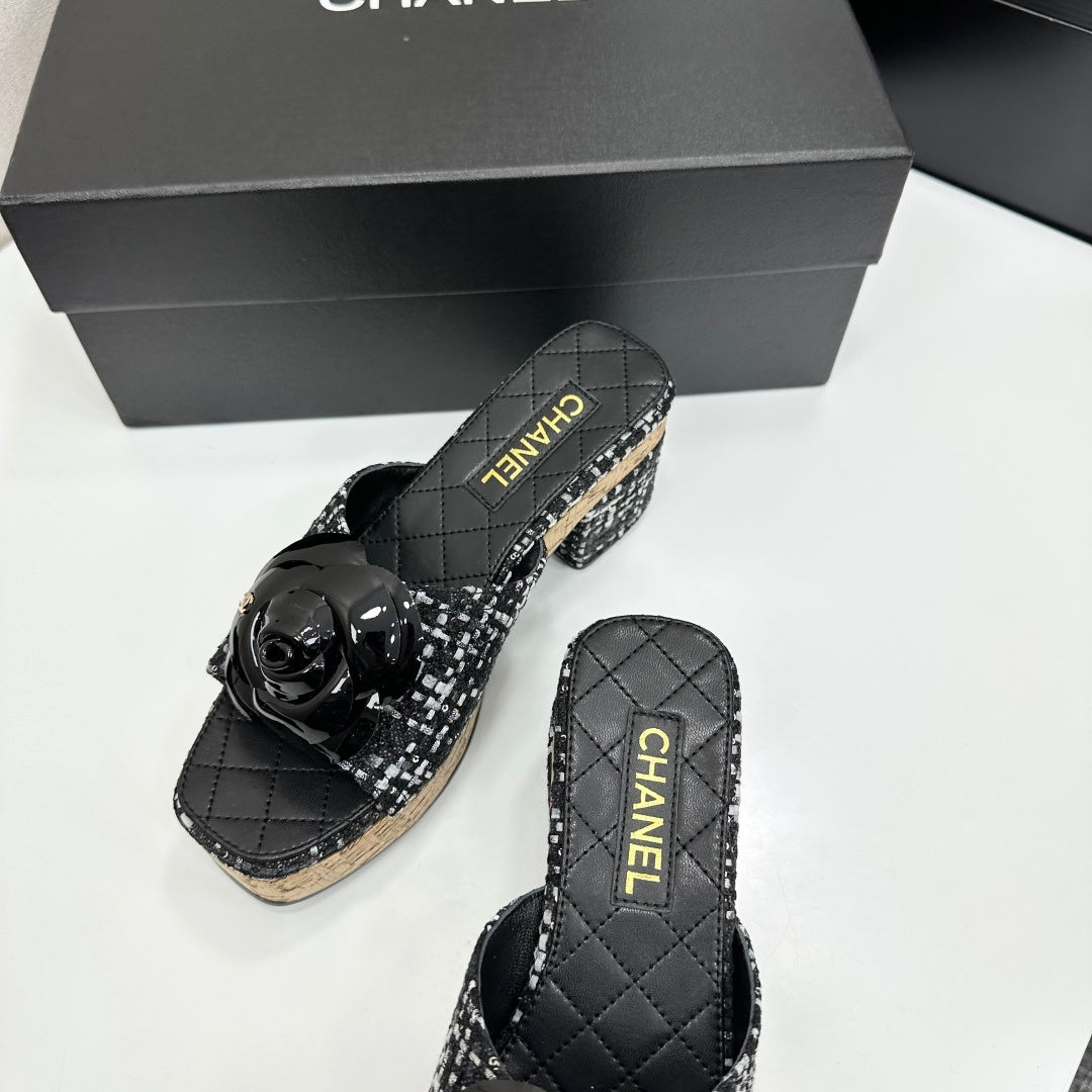 CC 26s Camellia Platform Slippers 65 Black Tweed Lambskin 668179