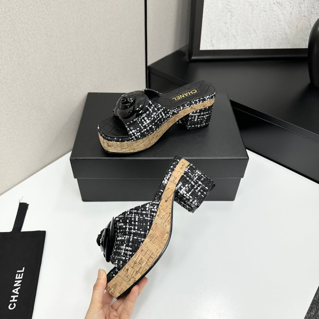 CC 26s Camellia Platform Slippers 65 Black Tweed Lambskin 668179