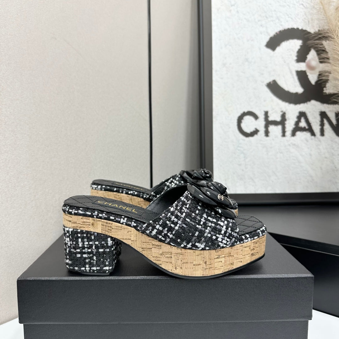 CC 26s Camellia Platform Slippers 65 Black Tweed Lambskin 668179