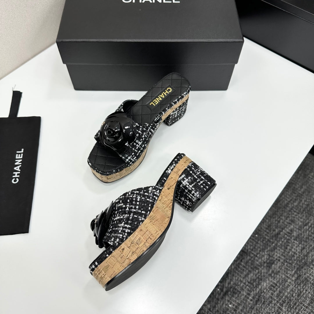 CC 26s Camellia Platform Slippers 65 Black Tweed Lambskin 668179