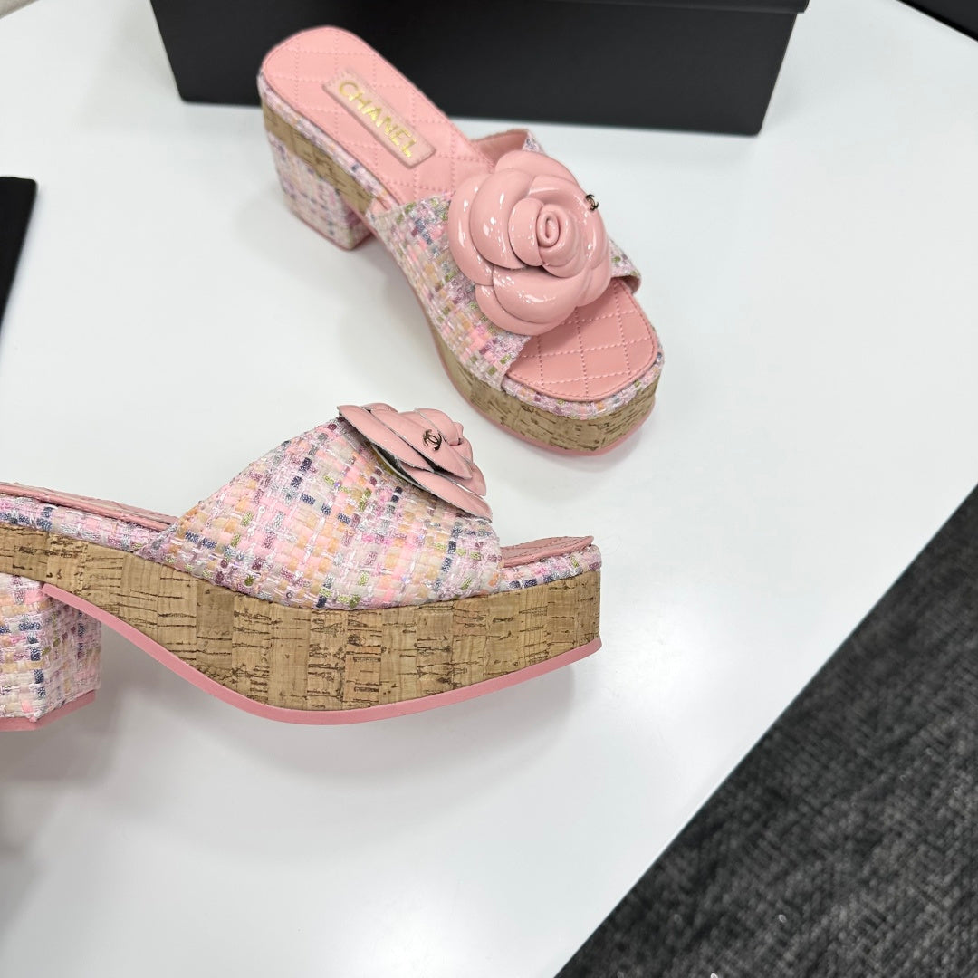 CC 26s Camellia Platform Slippers 65 Pink Tweed Lambskin 668178