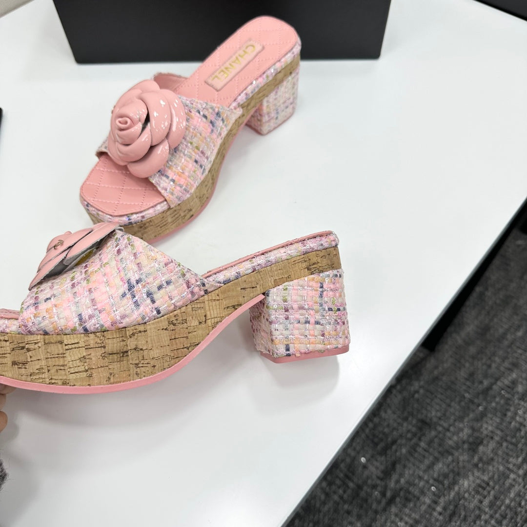 CC 26s Camellia Platform Slippers 65 Pink Tweed Lambskin 668178