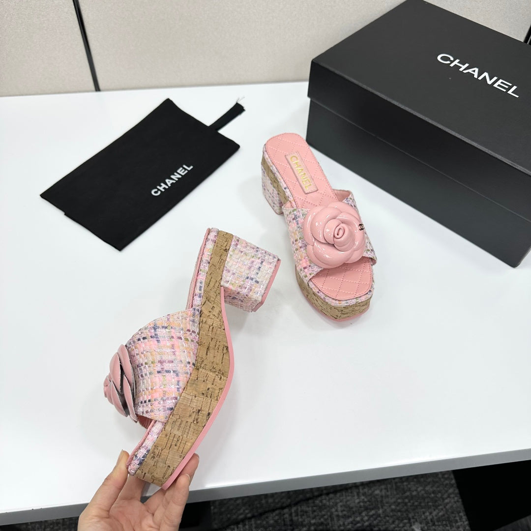 CC 26s Camellia Platform Slippers 65 Pink Tweed Lambskin 668178