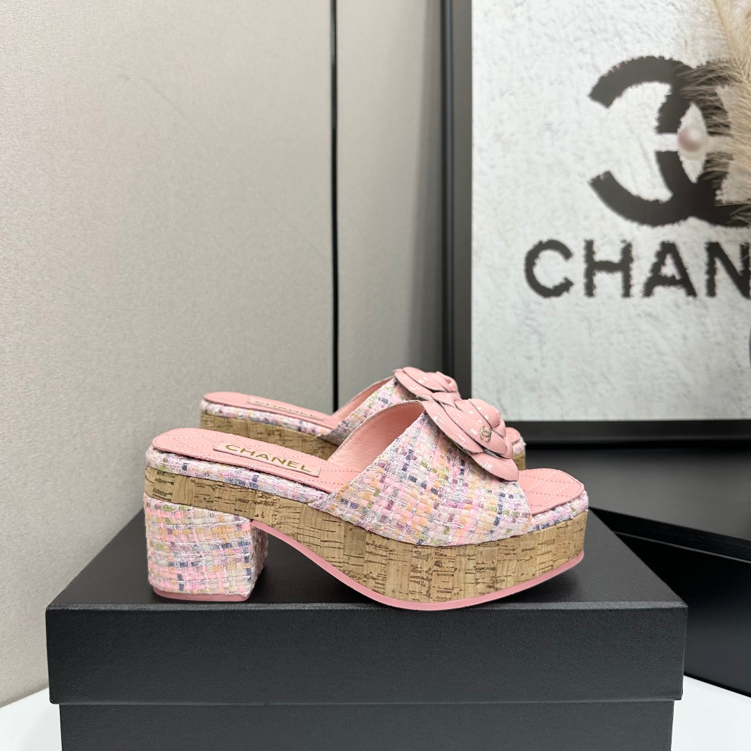 CC 26s Camellia Platform Slippers 65 Pink Tweed Lambskin 668178