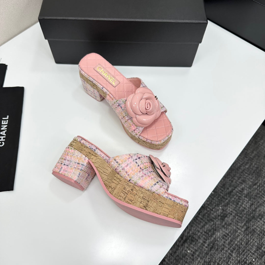 CC 26s Camellia Platform Slippers 65 Pink Tweed Lambskin 668178