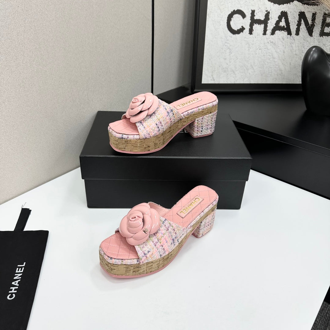 CC 26s Camellia Platform Slippers 65 Pink Tweed Lambskin 668178