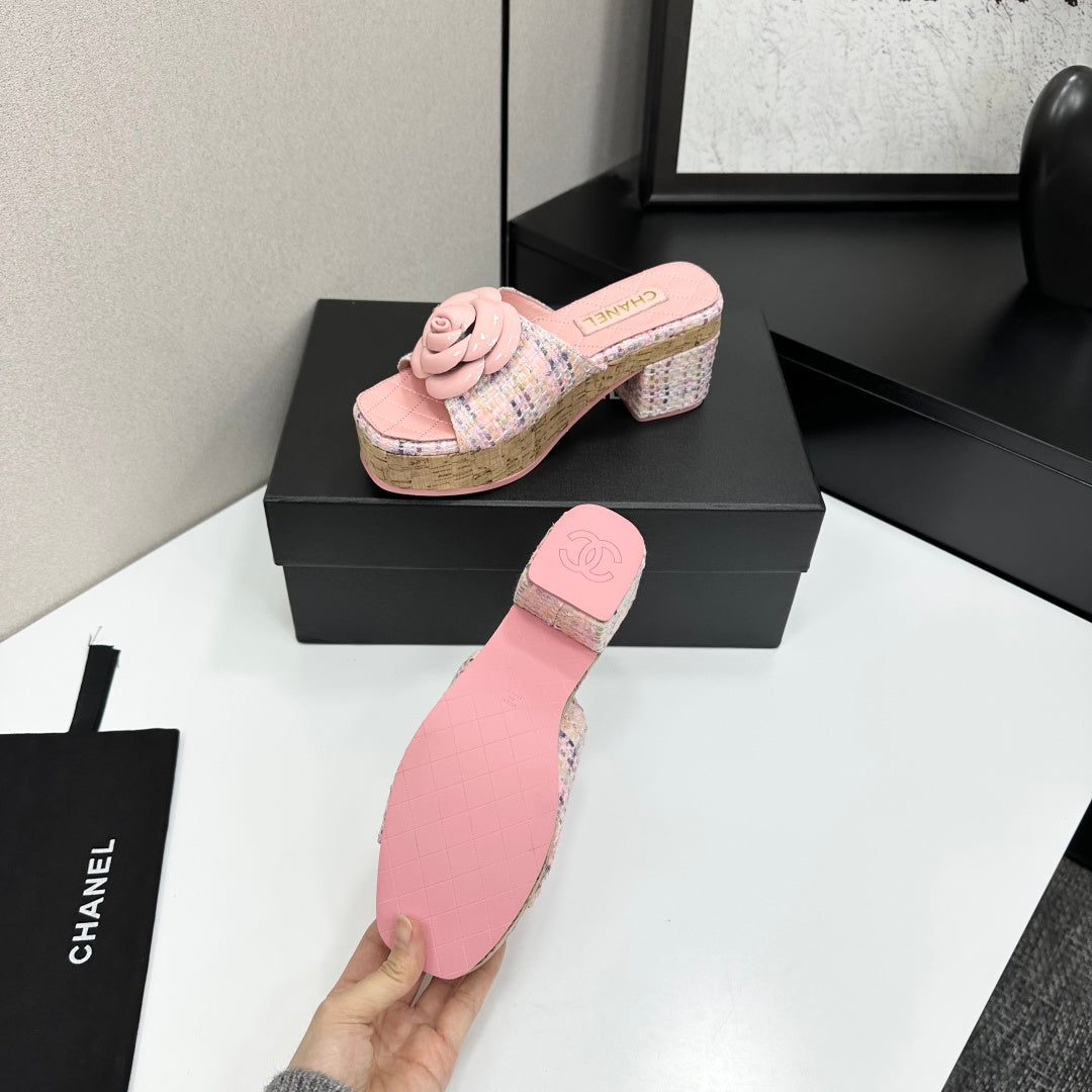 CC 26s Camellia Platform Slippers 65 Pink Tweed Lambskin 668178