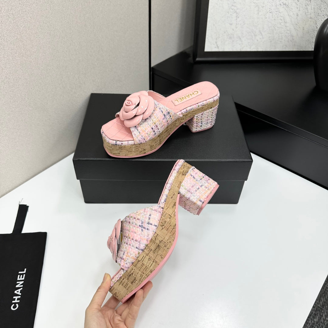 CC 26s Camellia Platform Slippers 65 Pink Tweed Lambskin 668178