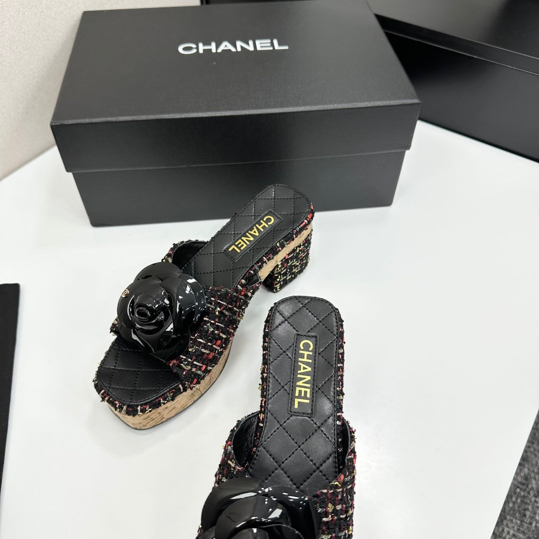 CC 26s Camellia Platform Slippers 65 Black Colorful Tweed Lambskin 668177