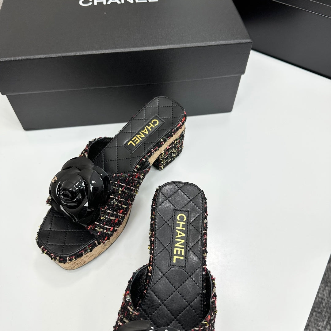 CC 26s Camellia Platform Slippers 65 Black Colorful Tweed Lambskin 668177