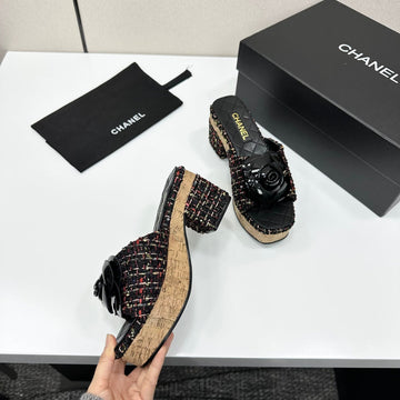 CC 26s Camellia Platform Slippers 65 Black Colorful Tweed Lambskin 668177