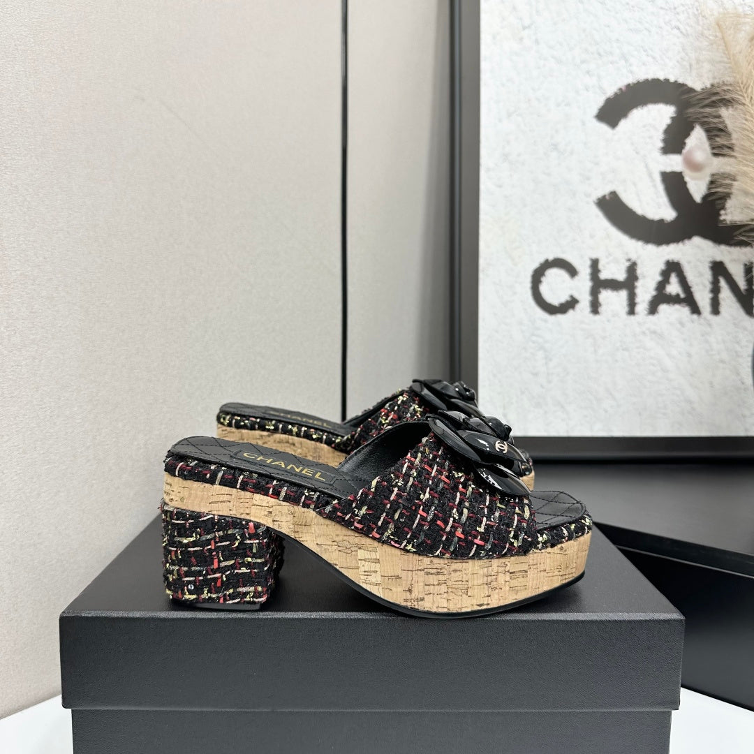 CC 26s Camellia Platform Slippers 65 Black Colorful Tweed Lambskin 668177