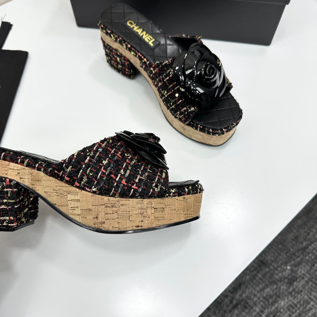 CC 26s Camellia Platform Slippers 65 Black Colorful Tweed Lambskin 668177