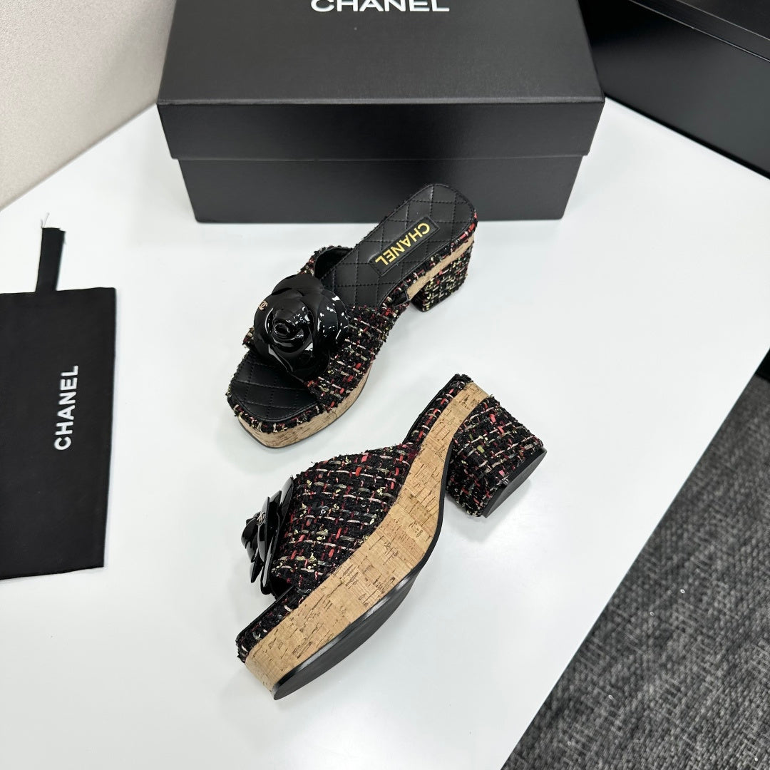 CC 26s Camellia Platform Slippers 65 Black Colorful Tweed Lambskin 668177