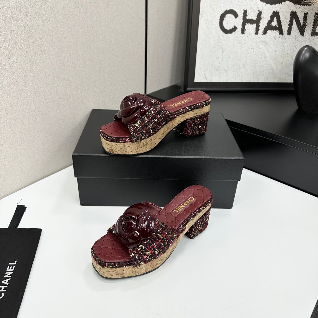 CC 26s Camellia Platform Slippers 65 Burgundy Tweed Lambskin 668175