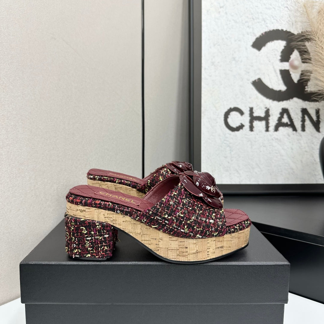 CC 26s Camellia Platform Slippers 65 Burgundy Tweed Lambskin 668175