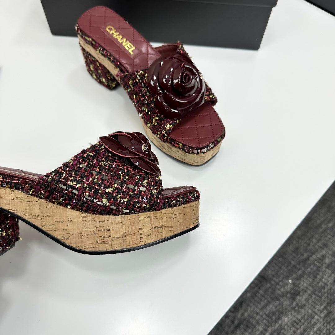 CC 26s Camellia Platform Slippers 65 Burgundy Tweed Lambskin 668175