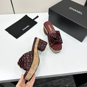 CC 26s Camellia Platform Slippers 65 Burgundy Tweed Lambskin 668175
