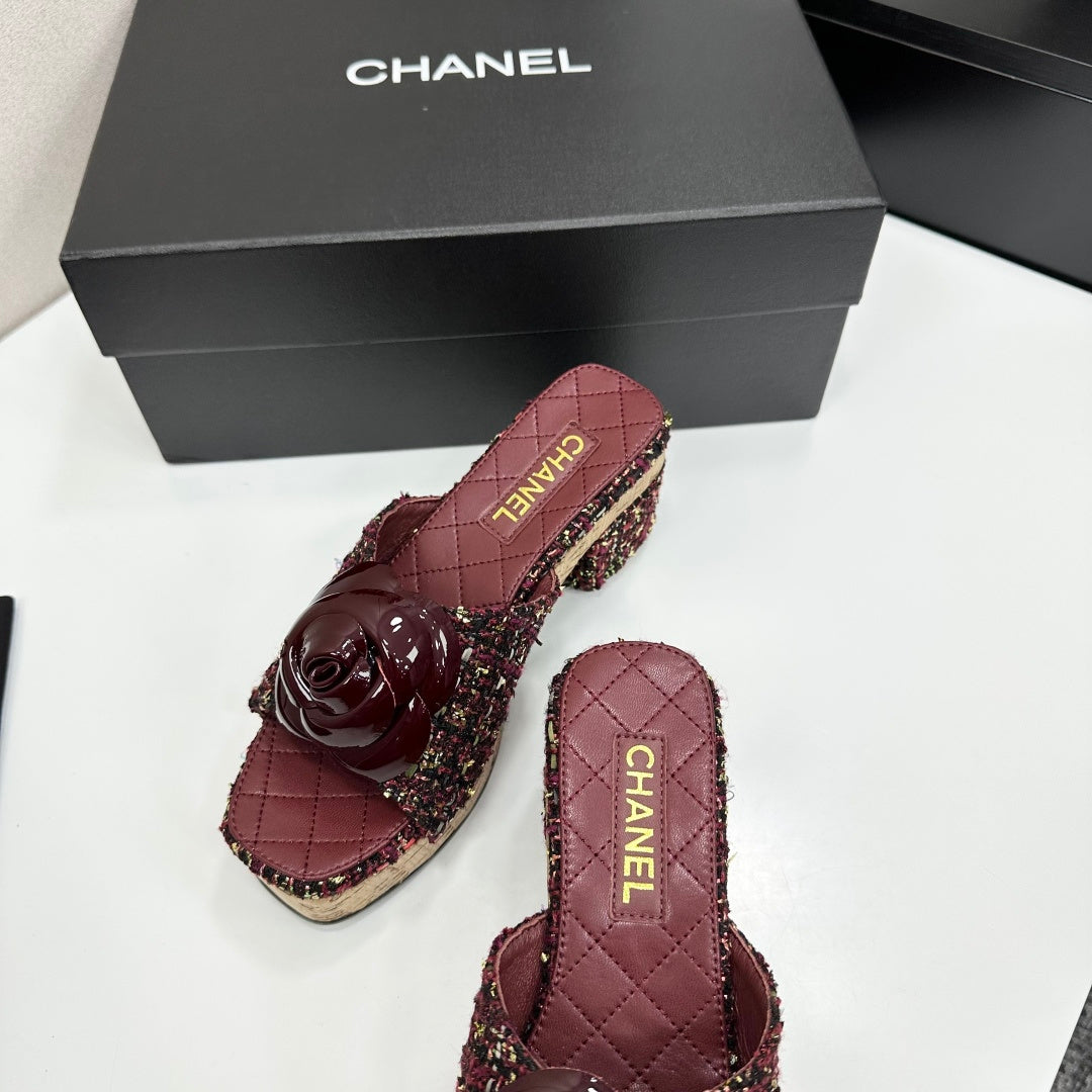 CC 26s Camellia Platform Slippers 65 Burgundy Tweed Lambskin 668175