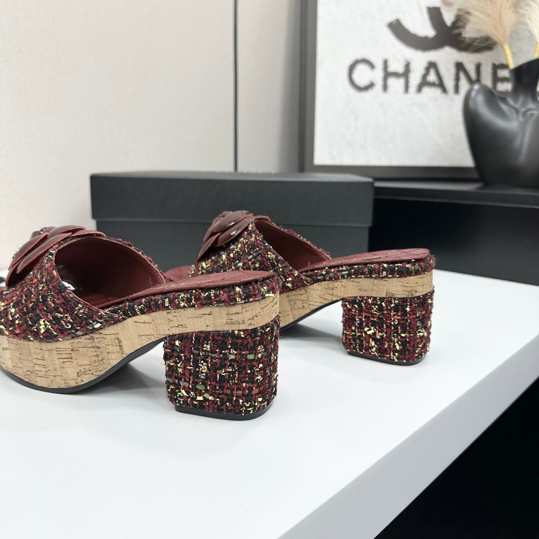 CC 26s Camellia Platform Slippers 65 Burgundy Tweed Lambskin 668175