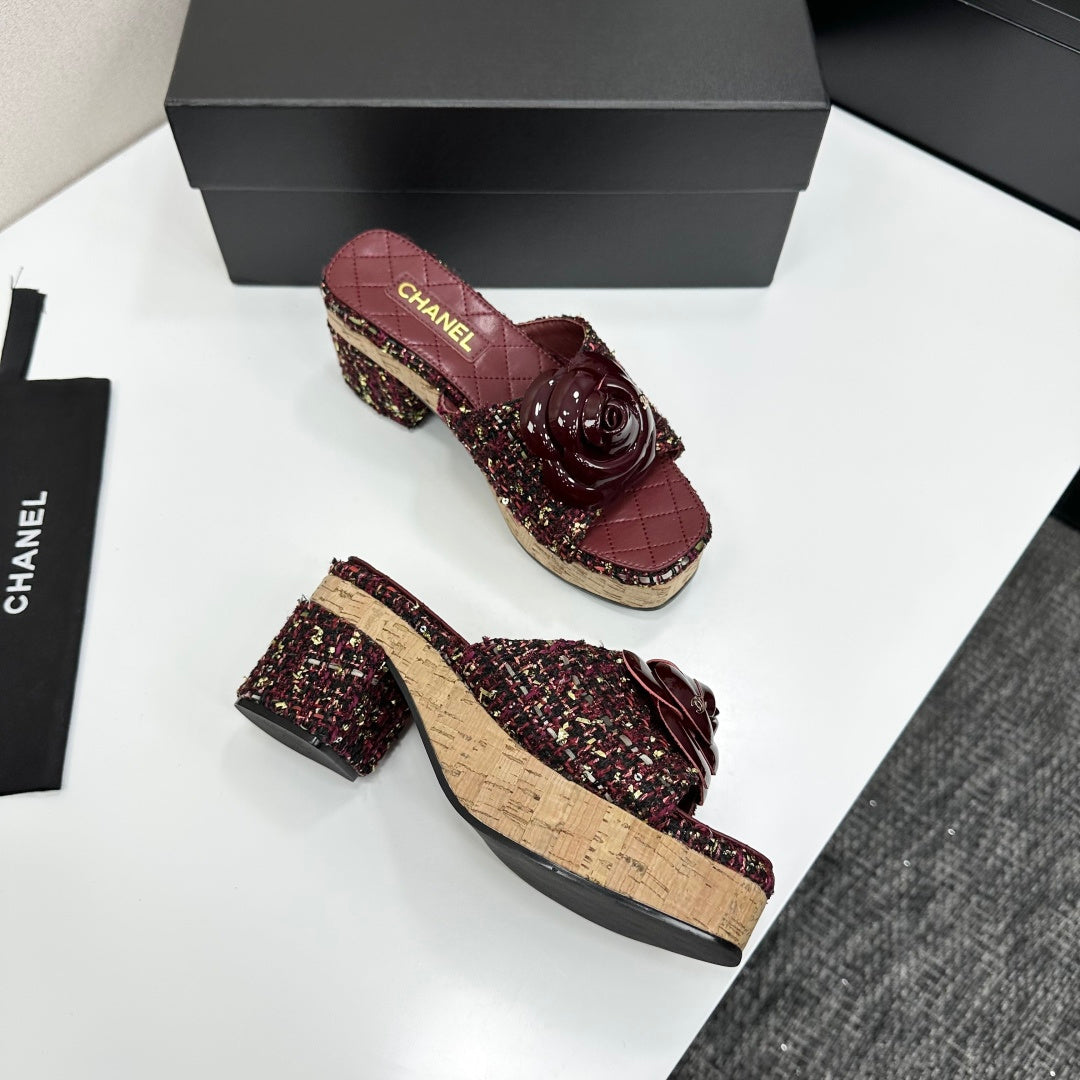 CC 26s Camellia Platform Slippers 65 Burgundy Tweed Lambskin 668175