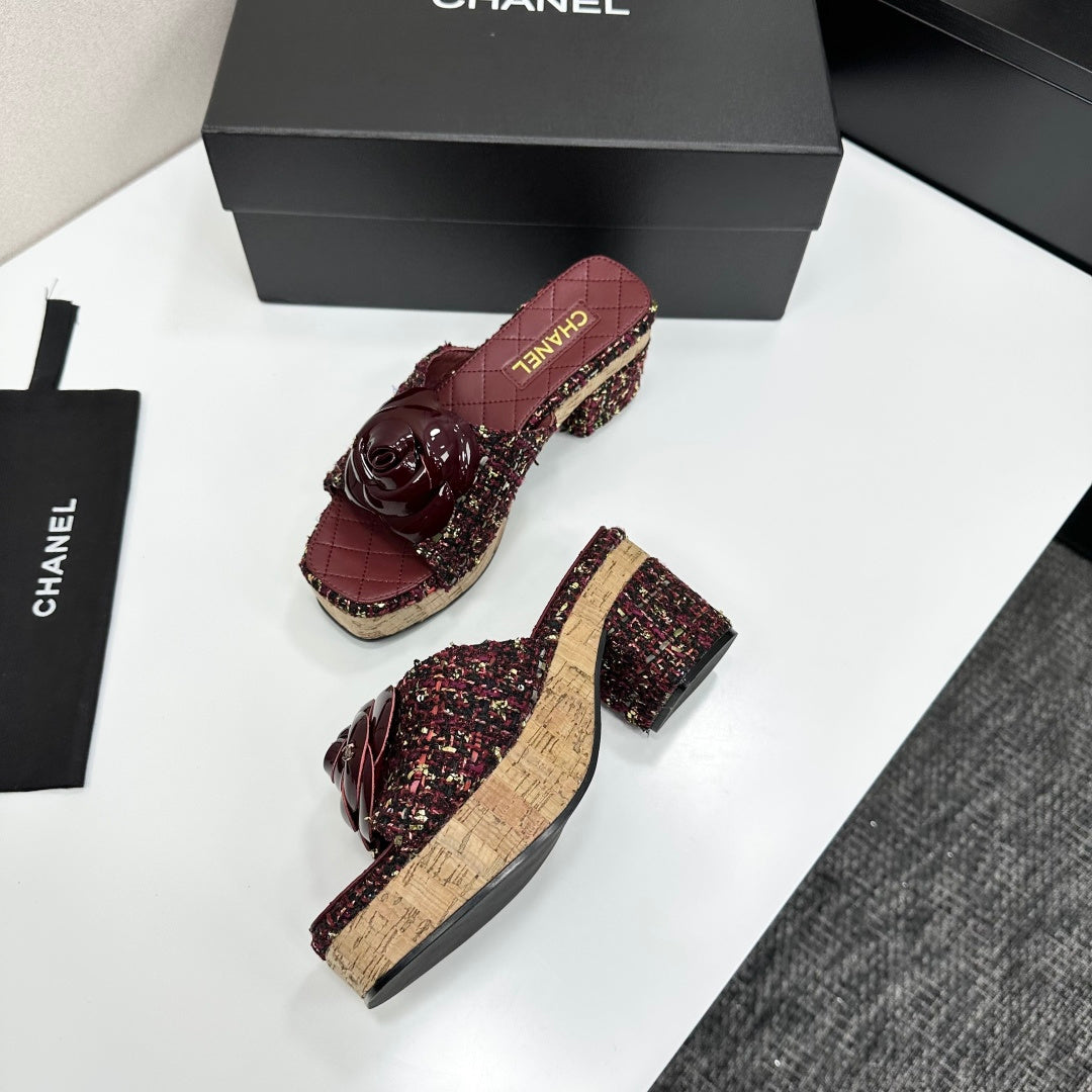 CC 26s Camellia Platform Slippers 65 Burgundy Tweed Lambskin 668175