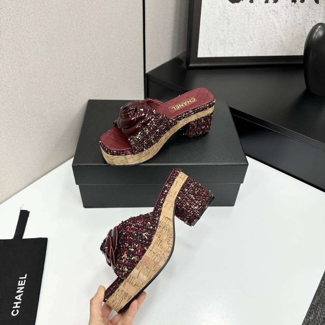 CC 26s Camellia Platform Slippers 65 Burgundy Tweed Lambskin 668175