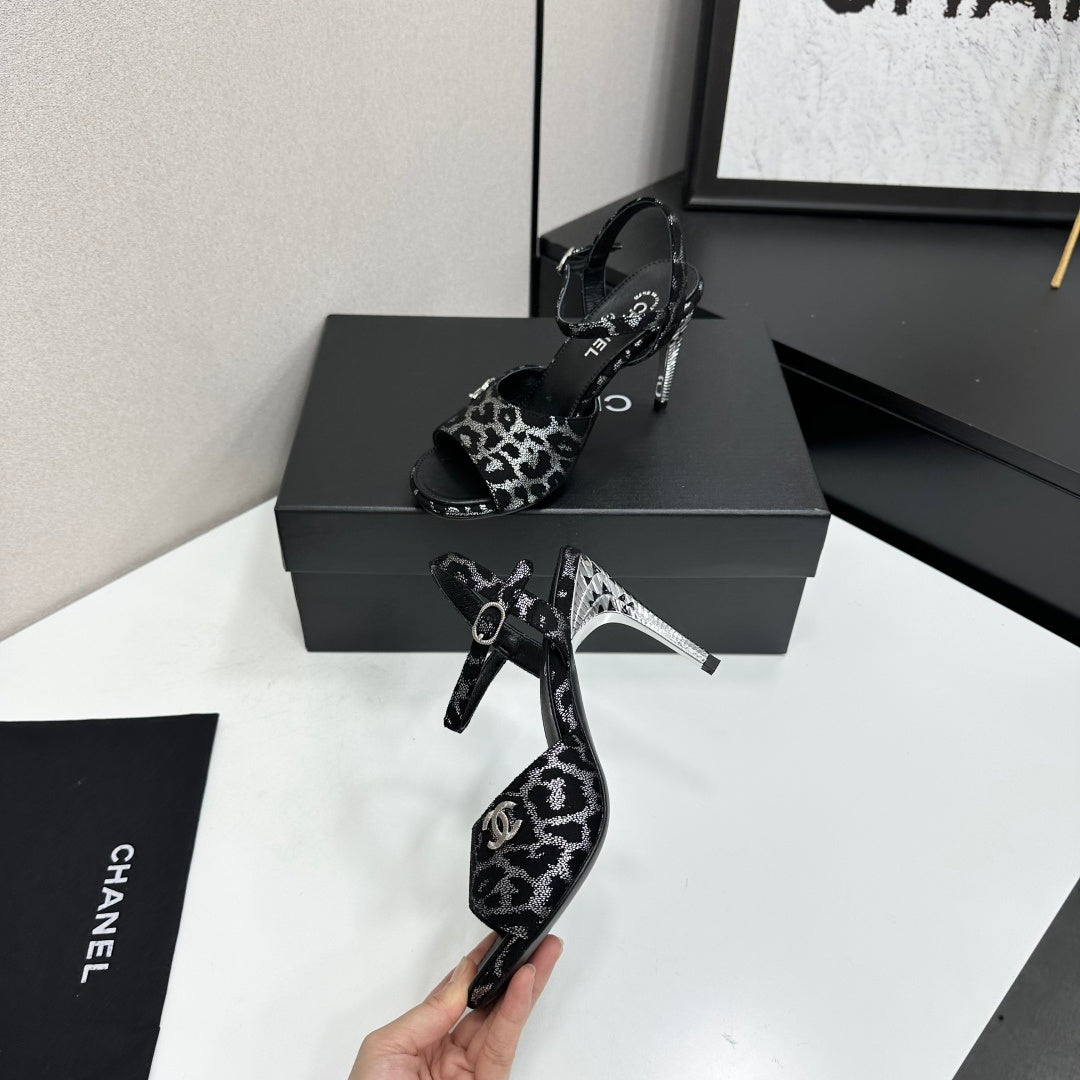 CC 26s Heeled Sandals Crystal Leopard Glitter Leather 925718