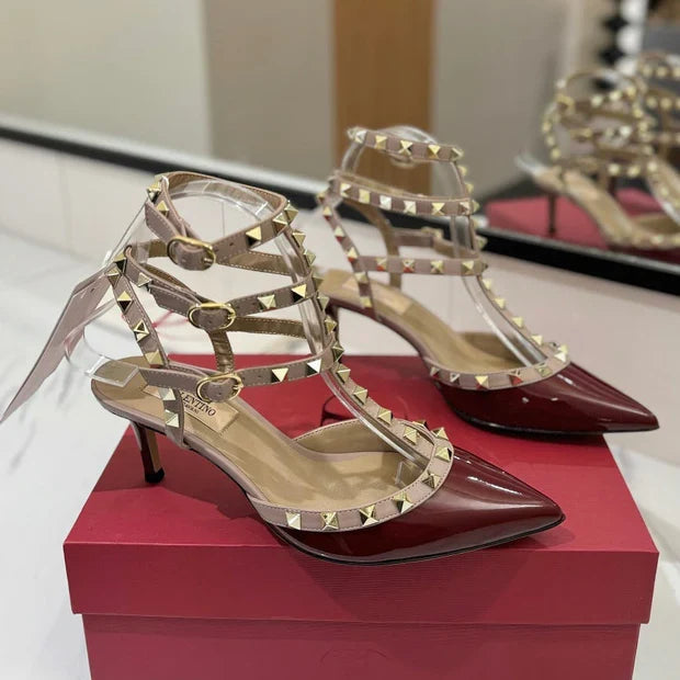 VT Classic Ankle-Wrap Studded Sandal Red Patent Leather Goatskin 351811