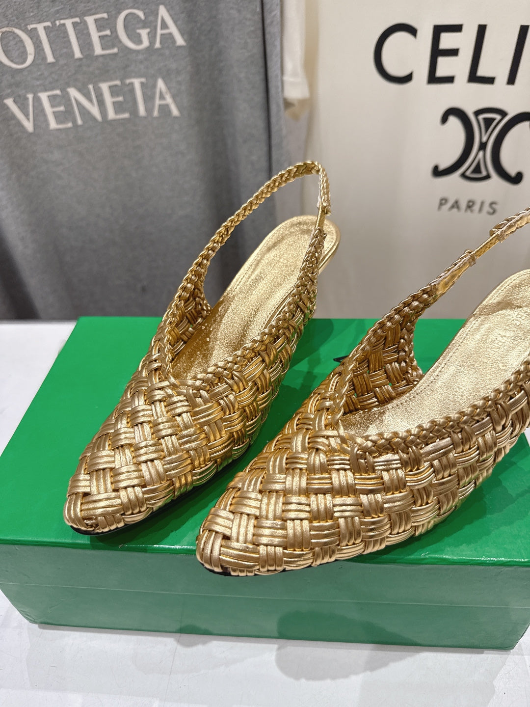 BV Parco Open-Back Sandals 5.5cm Gold  Intrecciato Woven Leather 794443