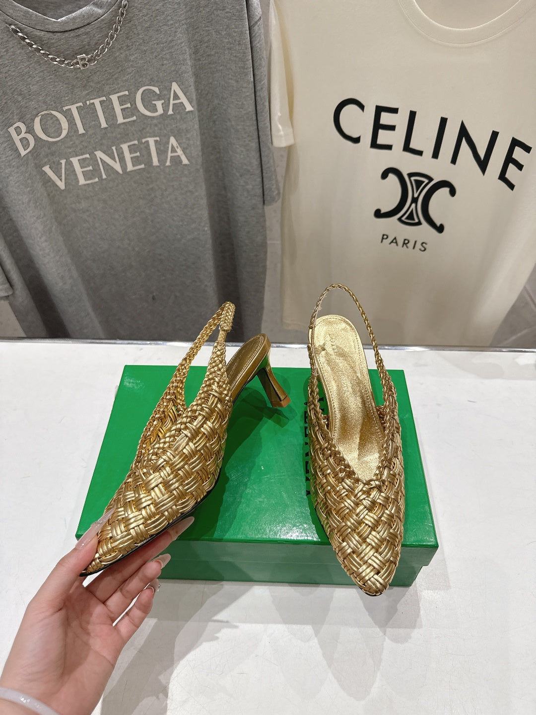 BV Parco Open-Back Sandals 5.5cm Gold  Intrecciato Woven Leather 794443